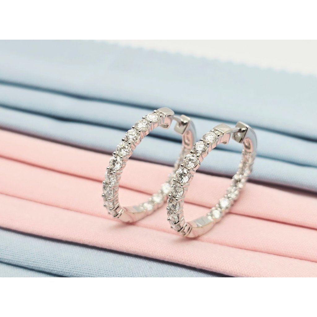 Unique 14k Karat Solid White Gold Designer Double Diamond Round Hoop Earrings